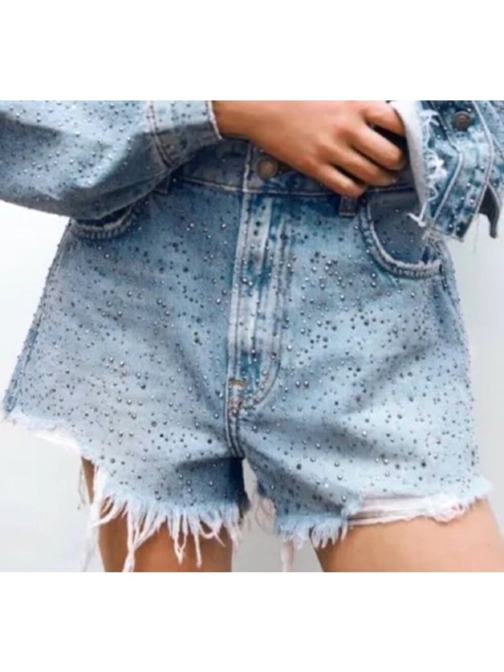 Zara Women's Sz 10 Distressed Denim Rhinestone Embellishments Frayed Hems